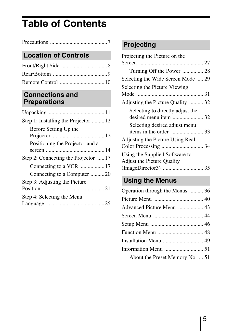 Sony VPL-VW40 User Manual | Page 5 / 80