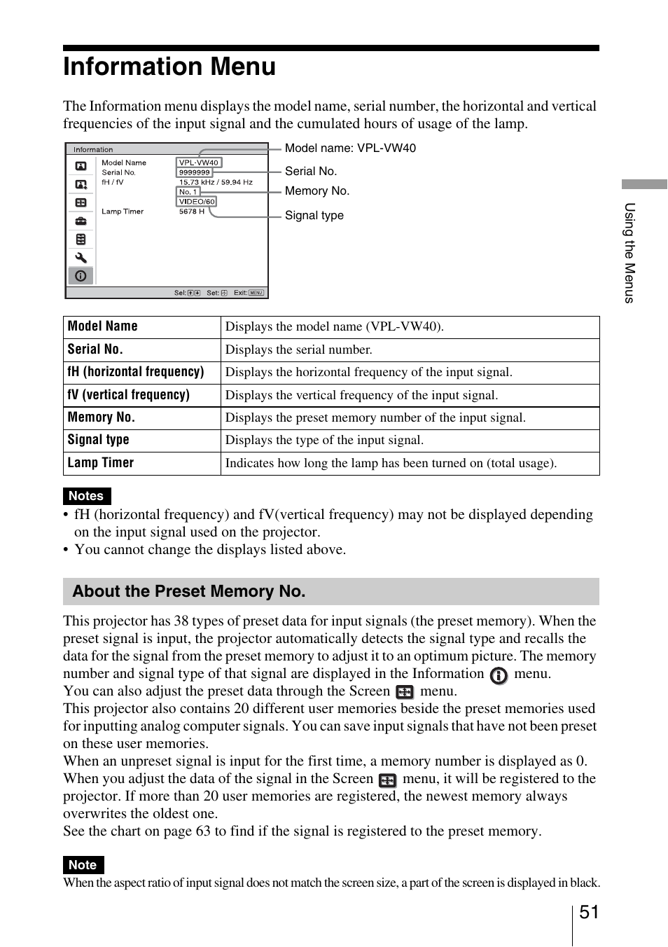 Information menu, About the preset memory no | Sony VPL-VW40 User Manual | Page 51 / 80