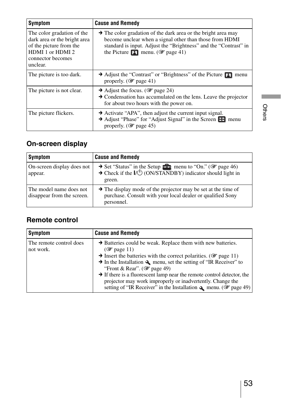 On-screen display remote control | Sony VPL-VW40 User Manual | Page 53 / 80