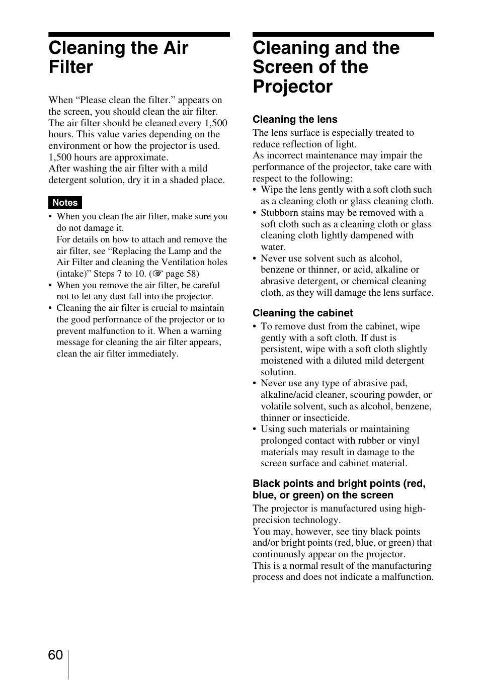 Cleaning the air filter, Cleaning and the screen of the projector | Sony VPL-VW40 User Manual | Page 60 / 80