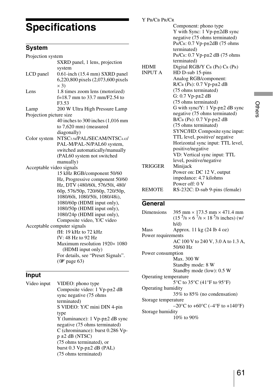 Specifications, System, Input | General | Sony VPL-VW40 User Manual | Page 61 / 80