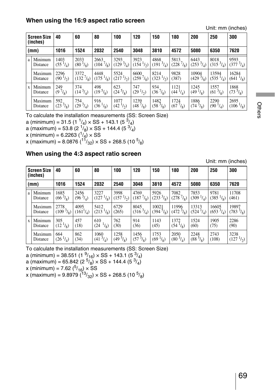 When using the 16:9 aspect ratio screen, When using the 4:3 aspect ratio screen | Sony VPL-VW40 User Manual | Page 69 / 80