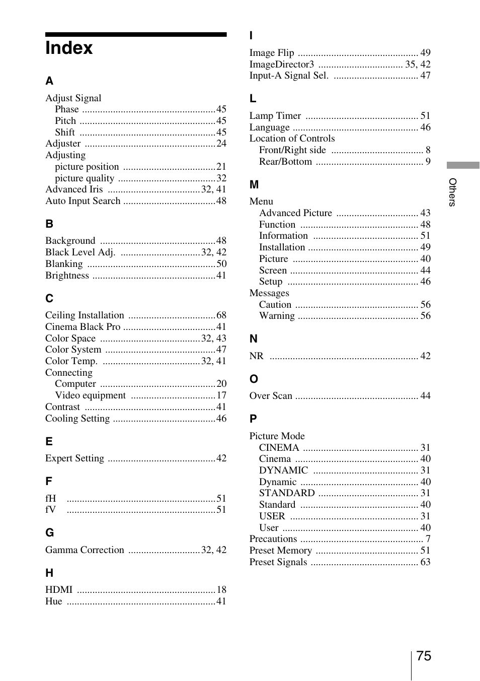 Index | Sony VPL-VW40 User Manual | Page 75 / 80