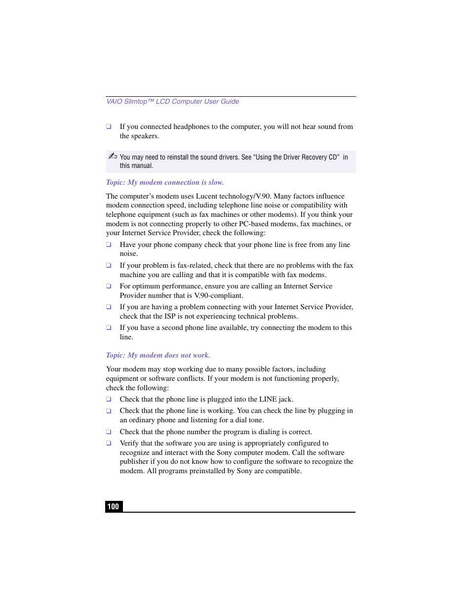 Topic: my modem connection is slow, Topic: my modem does not work | Sony PCV-LX910 User Manual | Page 100 / 124