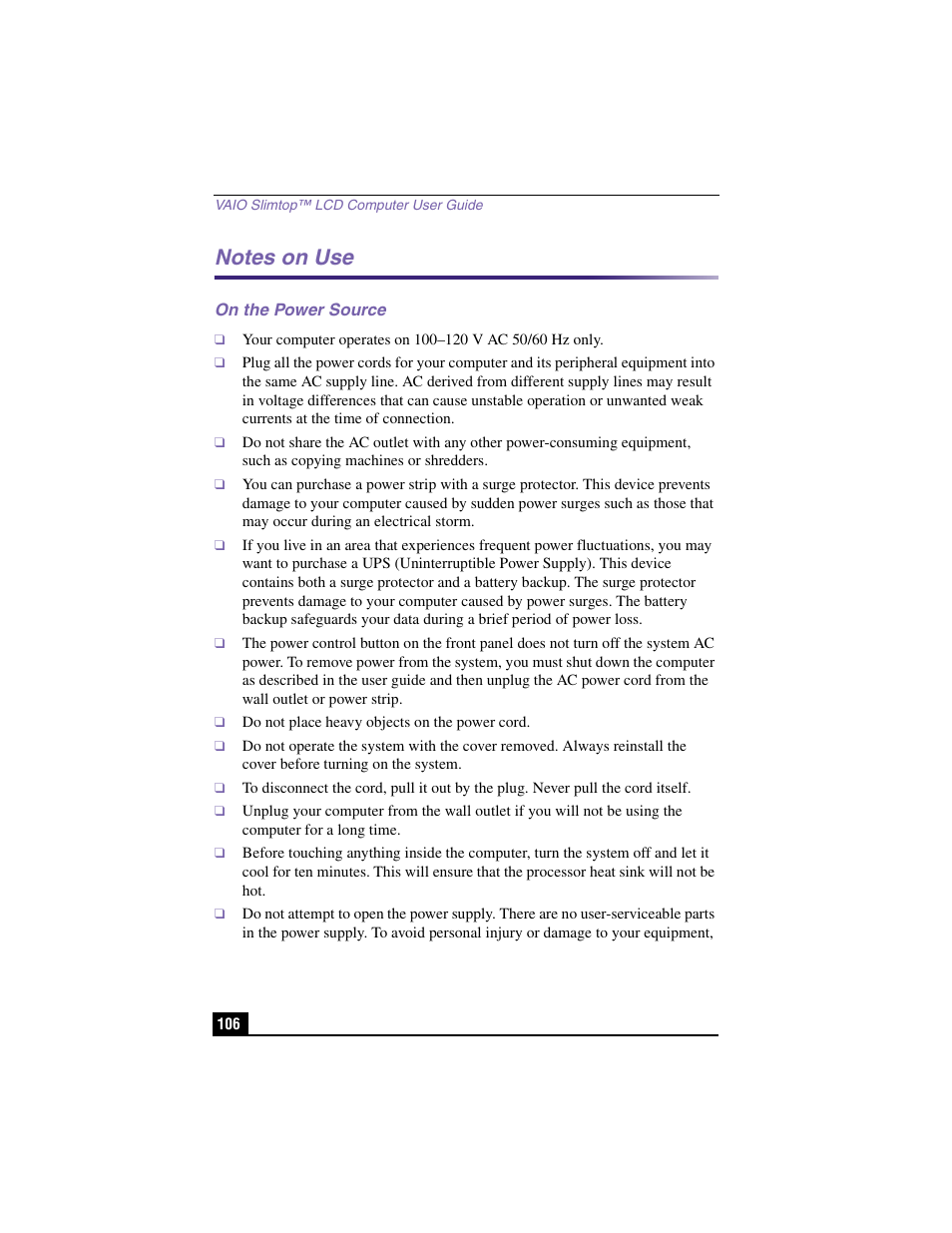 Notes on use, On the power source | Sony PCV-LX910 User Manual | Page 106 / 124