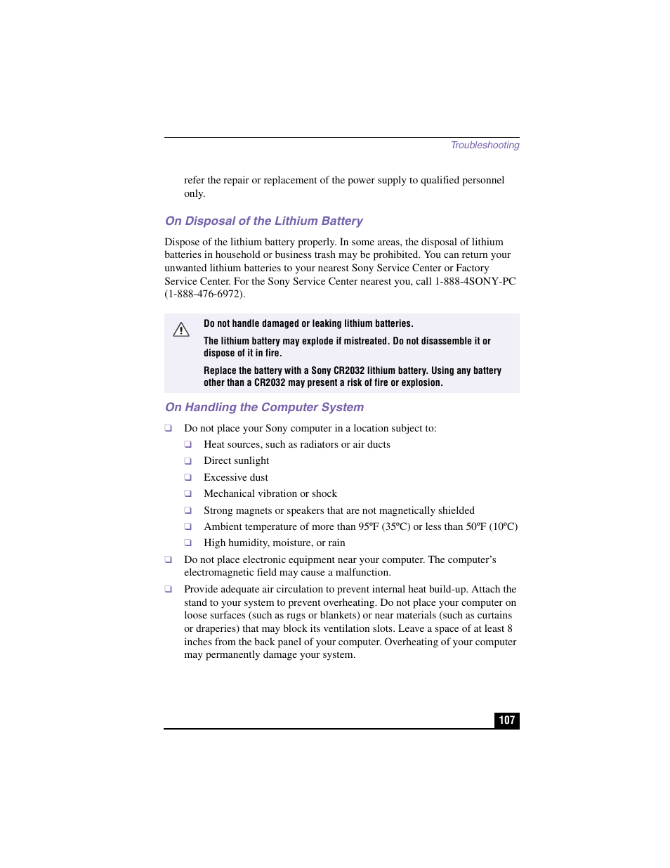 On disposal of the lithium battery, On handling the computer system | Sony PCV-LX910 User Manual | Page 107 / 124