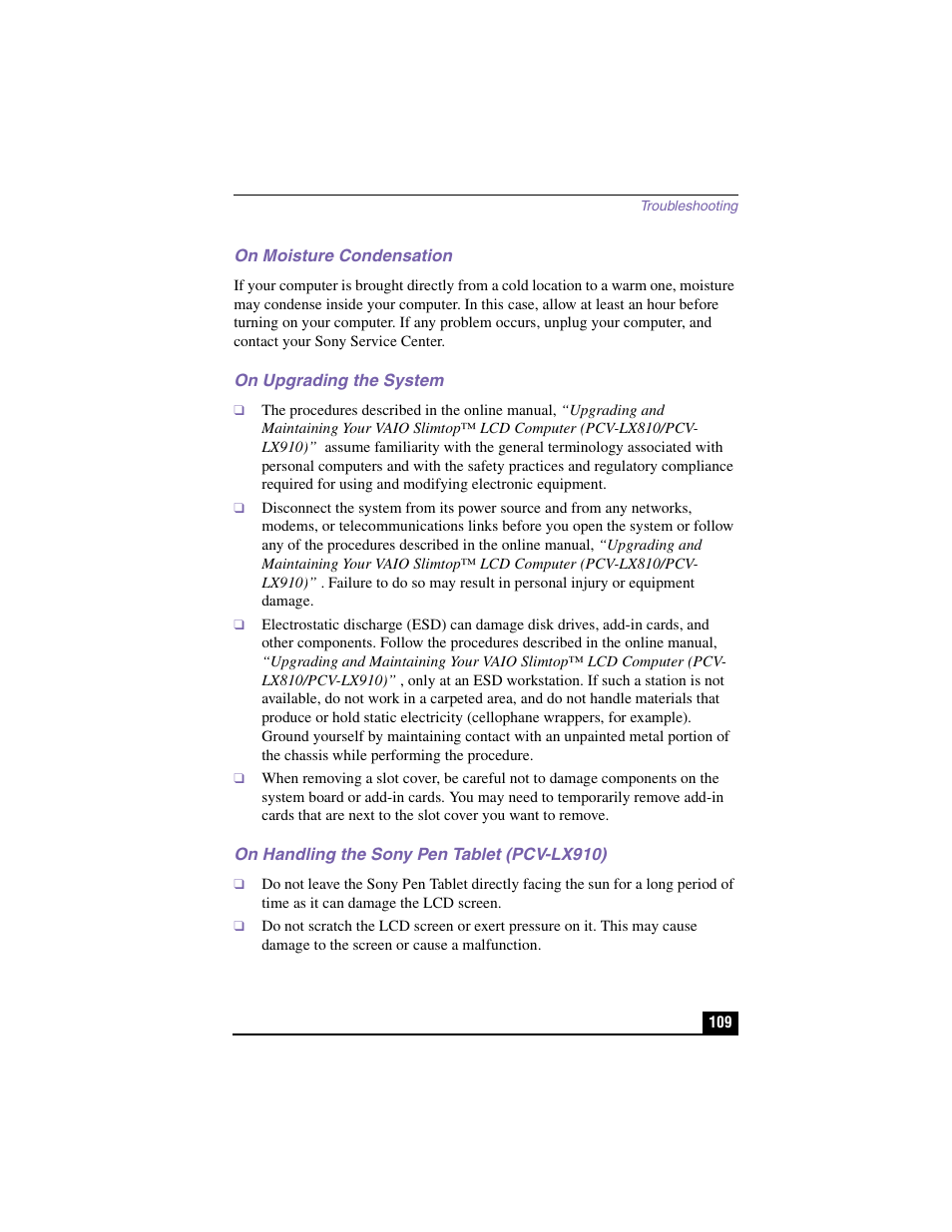 On moisture condensation, On upgrading the system, On handling the sony pen tablet (pcv-lx910) | Sony PCV-LX910 User Manual | Page 109 / 124