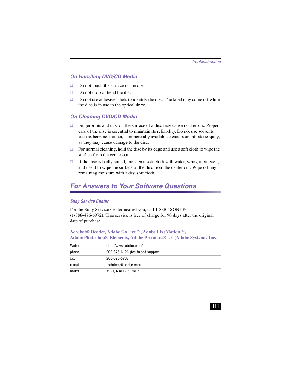 On handling dvd/cd media, On cleaning dvd/cd media, For answers to your software questions | Sony service center | Sony PCV-LX910 User Manual | Page 111 / 124