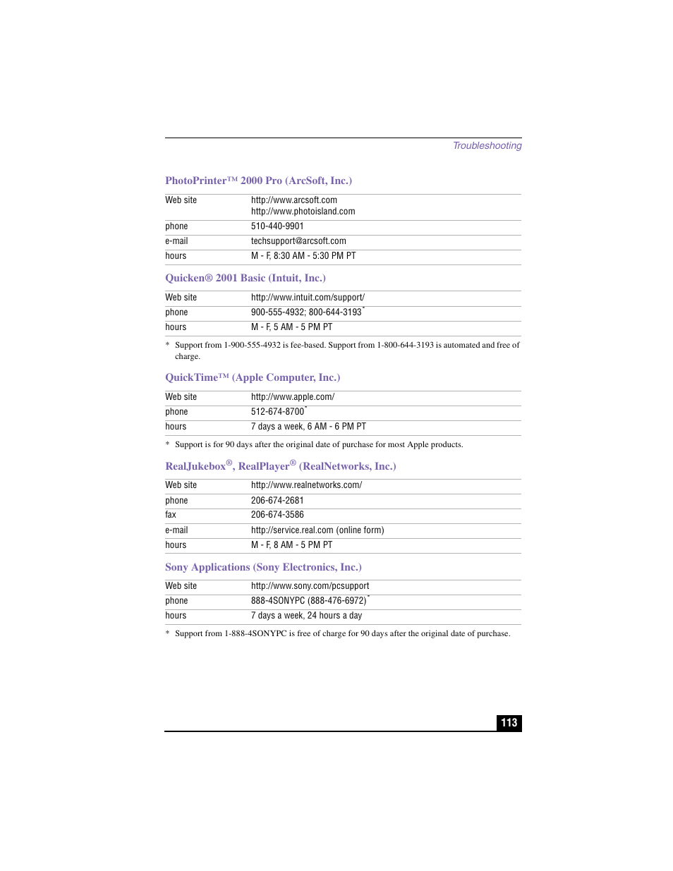 Photoprinter™ 2000 pro (arcsoft, inc.), Quicken® 2001 basic (intuit, inc.), Quicktime™ (apple computer, inc.) | Realjukebox®, realplayer® (realnetworks, inc.), Sony applications (sony electronics, inc.) | Sony PCV-LX910 User Manual | Page 113 / 124