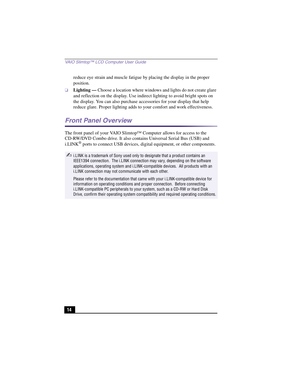 Lighting, Front panel overview | Sony PCV-LX910 User Manual | Page 14 / 124