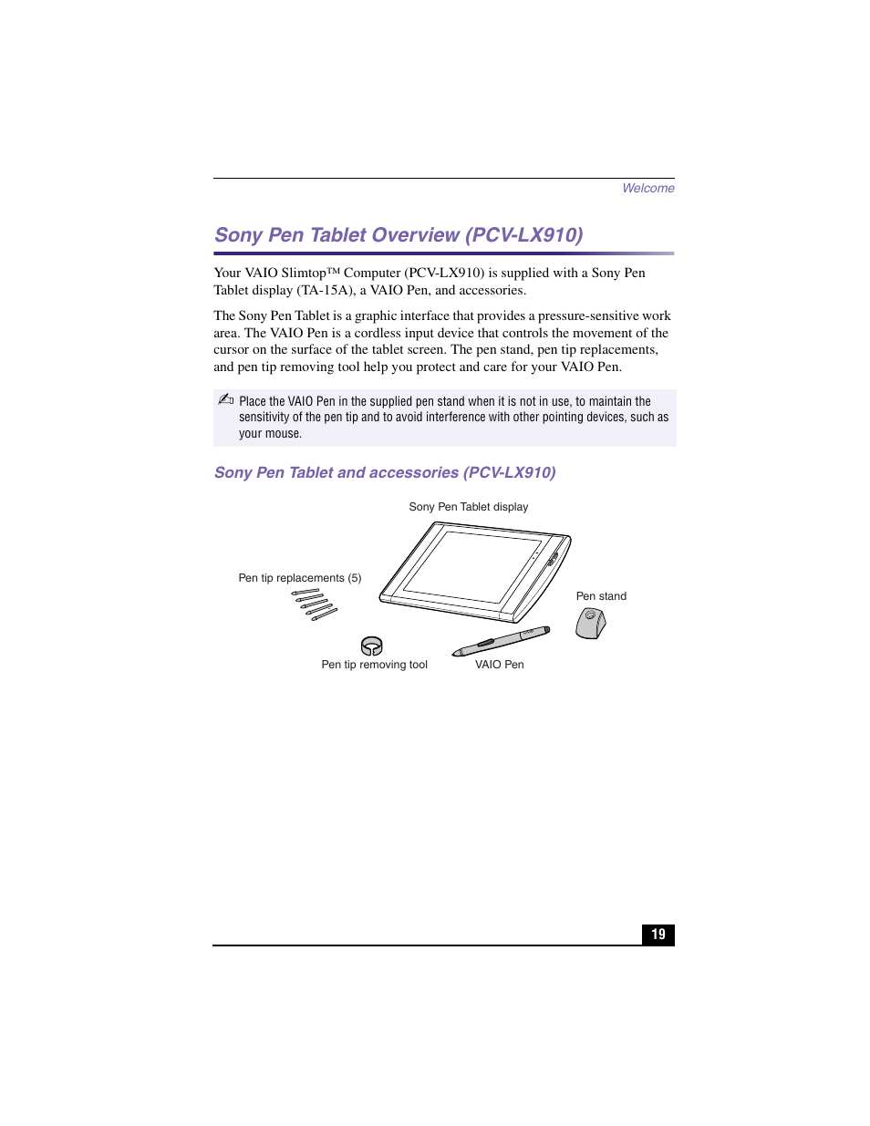 Sony pen tablet overview (pcv-lx910), Sony pen tablet and accessories (pcv-lx910) | Sony PCV-LX910 User Manual | Page 19 / 124