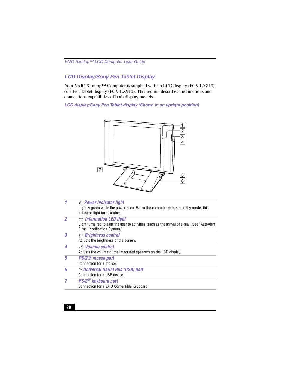 Lcd display/sony pen tablet display | Sony PCV-LX910 User Manual | Page 20 / 124