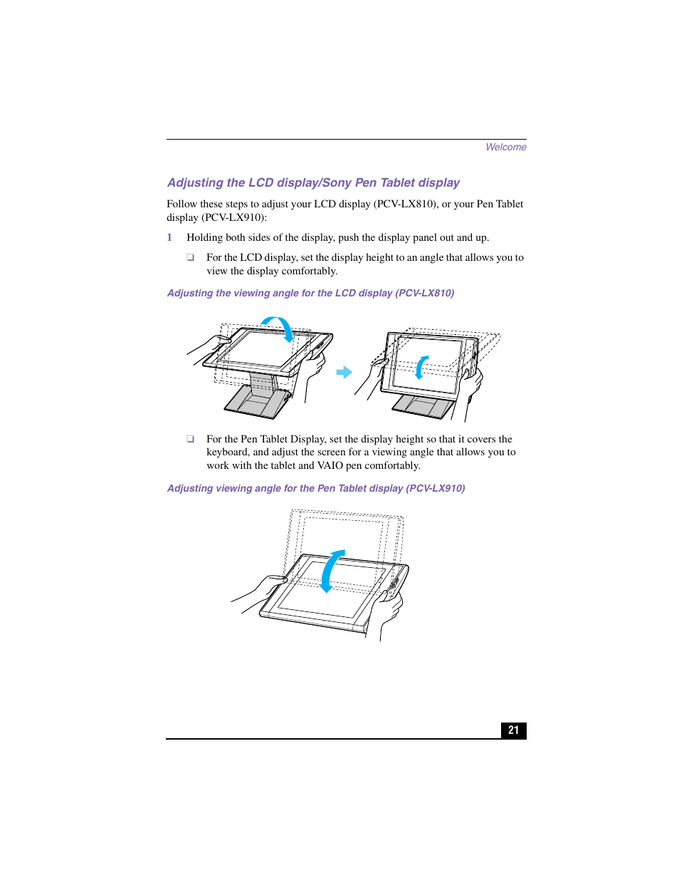 Adjusting the lcd display/sony pen tablet display | Sony PCV-LX910 User Manual | Page 21 / 124