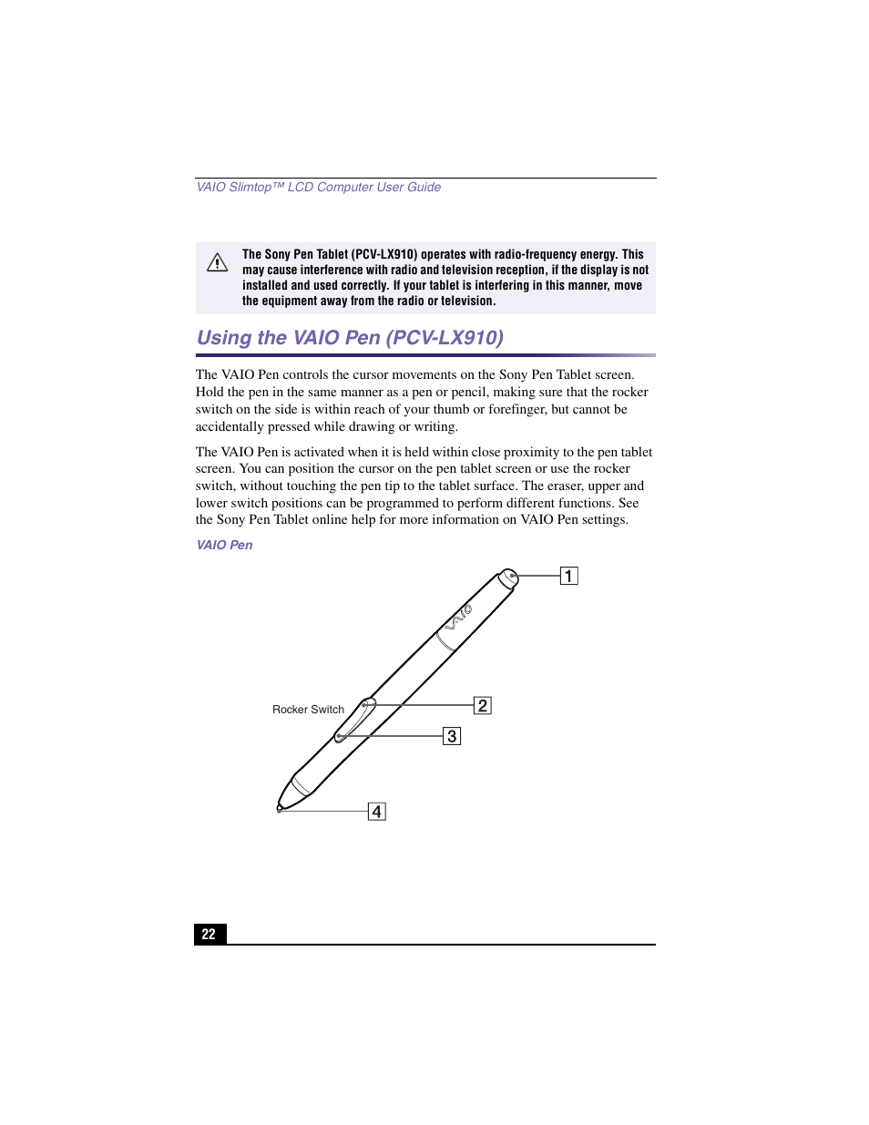 Using the vaio pen (pcv-lx910), Vaio pen | Sony PCV-LX910 User Manual | Page 22 / 124