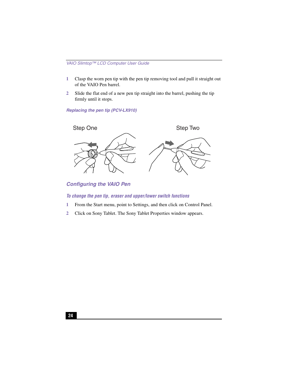 Replacing the pen tip (pcv-lx910), Configuring the vaio pen | Sony PCV-LX910 User Manual | Page 24 / 124