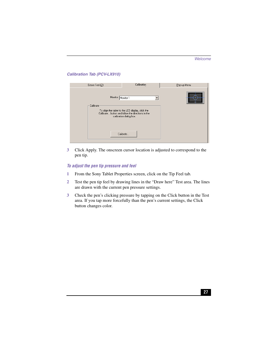 Calibration tab (pcv-lx910), To adjust the pen tip pressure and feel | Sony PCV-LX910 User Manual | Page 27 / 124