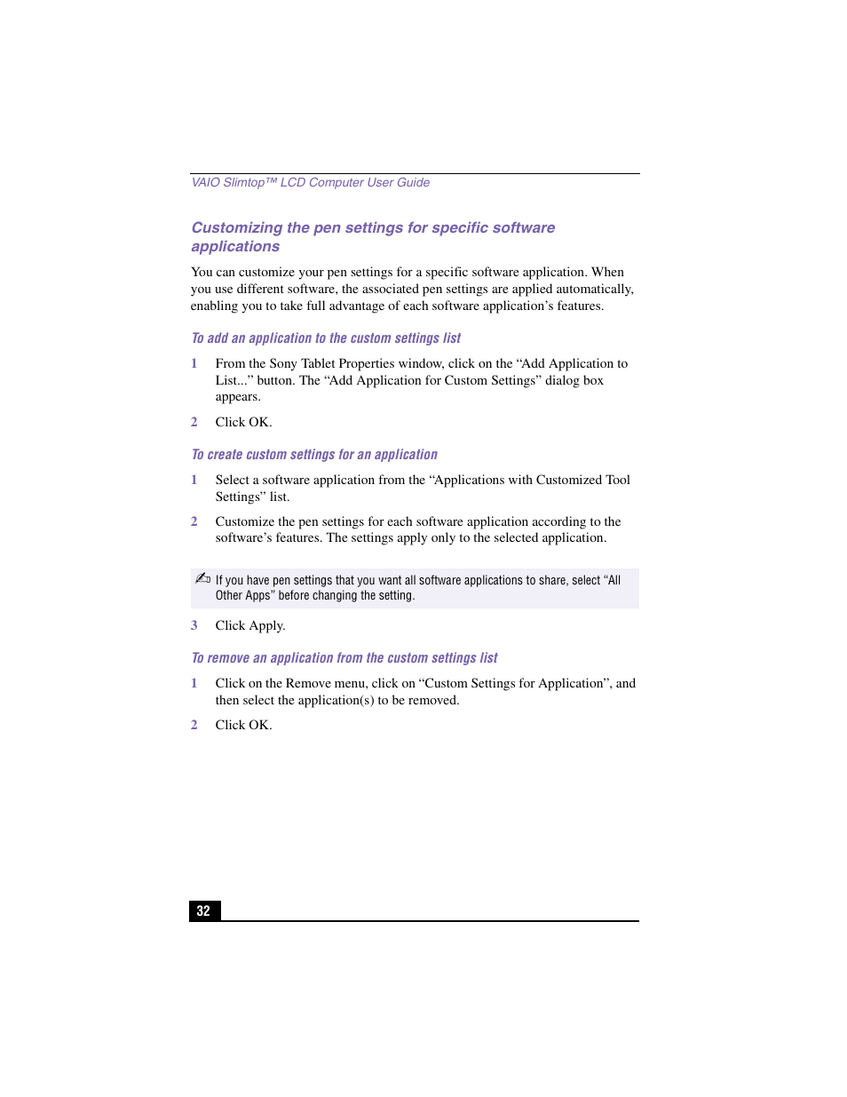 To add an application to the custom settings list, 2 click ok, To create custom settings for an application | 3 click apply | Sony PCV-LX910 User Manual | Page 32 / 124