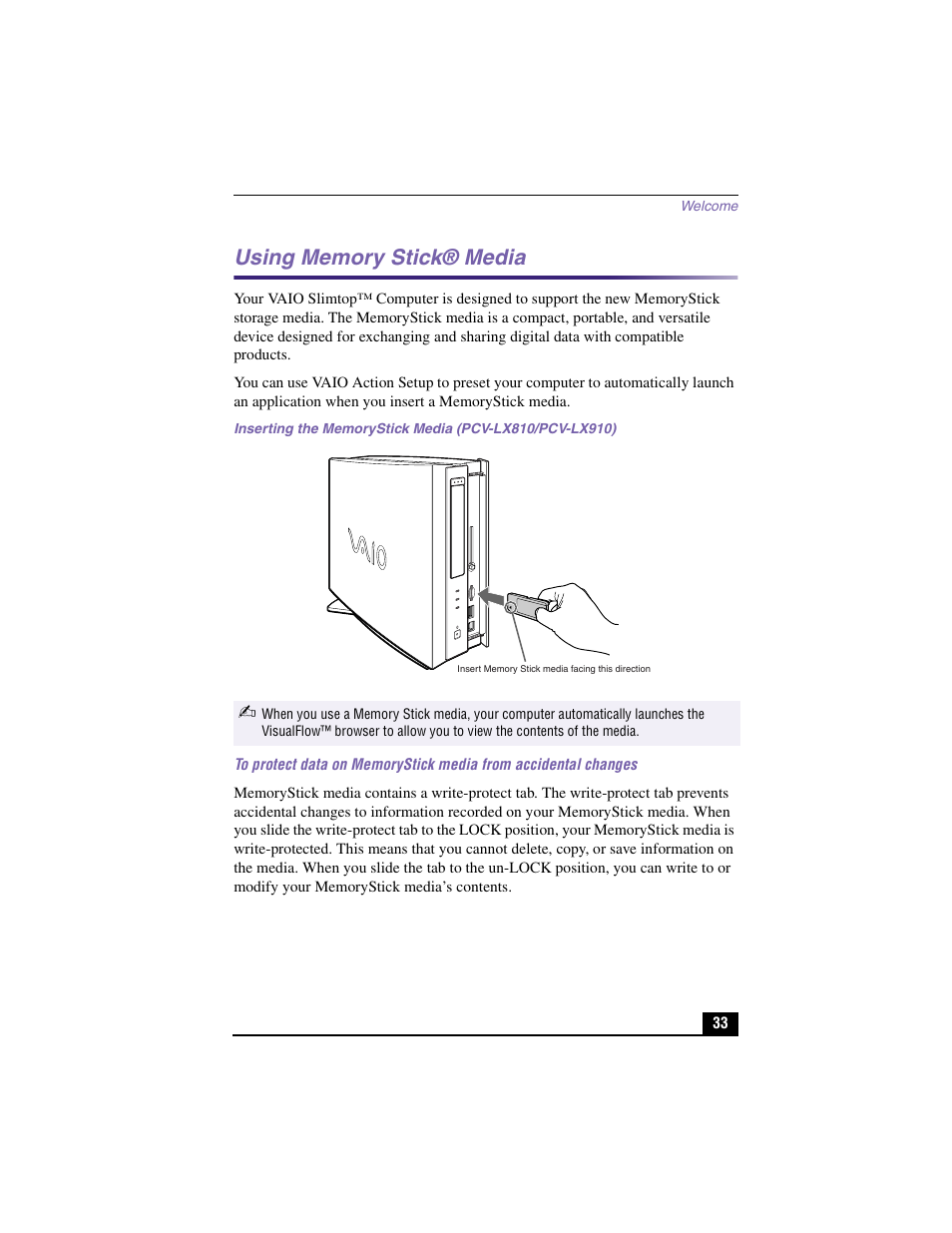 Using memory stick® media | Sony PCV-LX910 User Manual | Page 33 / 124