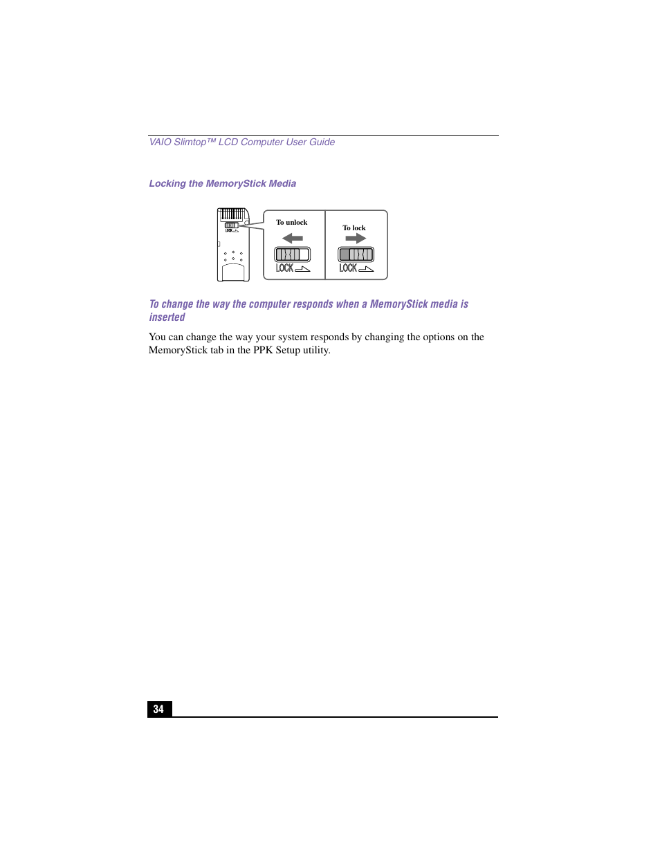 Locking the memorystick media | Sony PCV-LX910 User Manual | Page 34 / 124