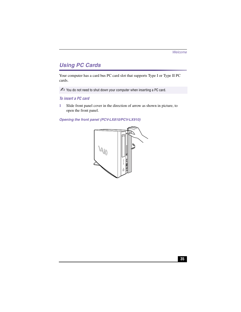 Using pc cards, To insert a pc card, Opening the front panel (pcv-lx810/pcv-lx910) | Sony PCV-LX910 User Manual | Page 35 / 124