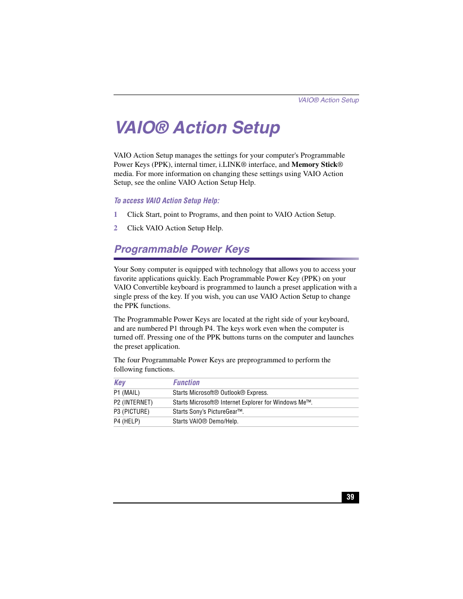 Vaio® action setup, To access vaio action setup help, 2 click vaio action setup help | Programmable power keys | Sony PCV-LX910 User Manual | Page 39 / 124