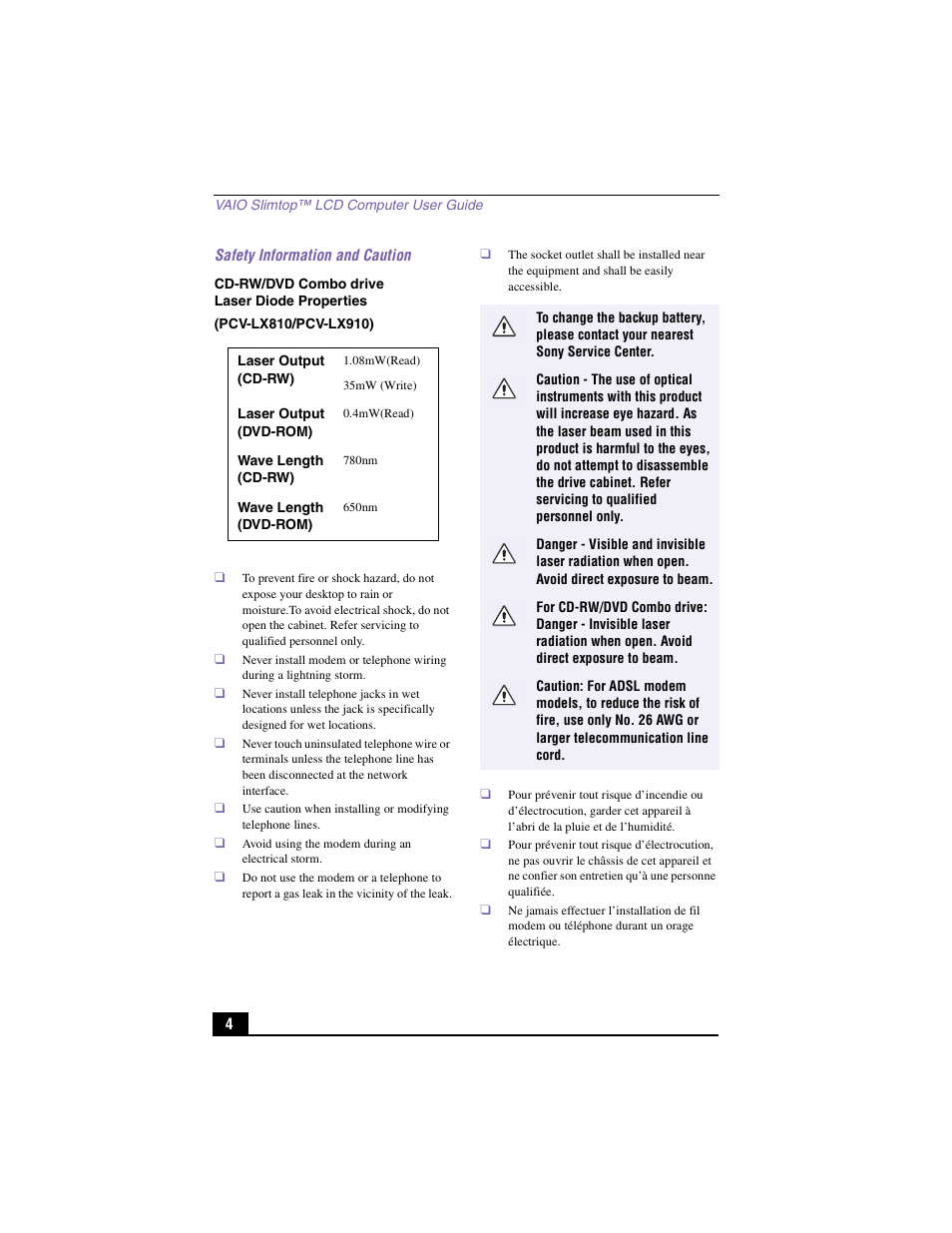 Safety information and caution | Sony PCV-LX910 User Manual | Page 4 / 124