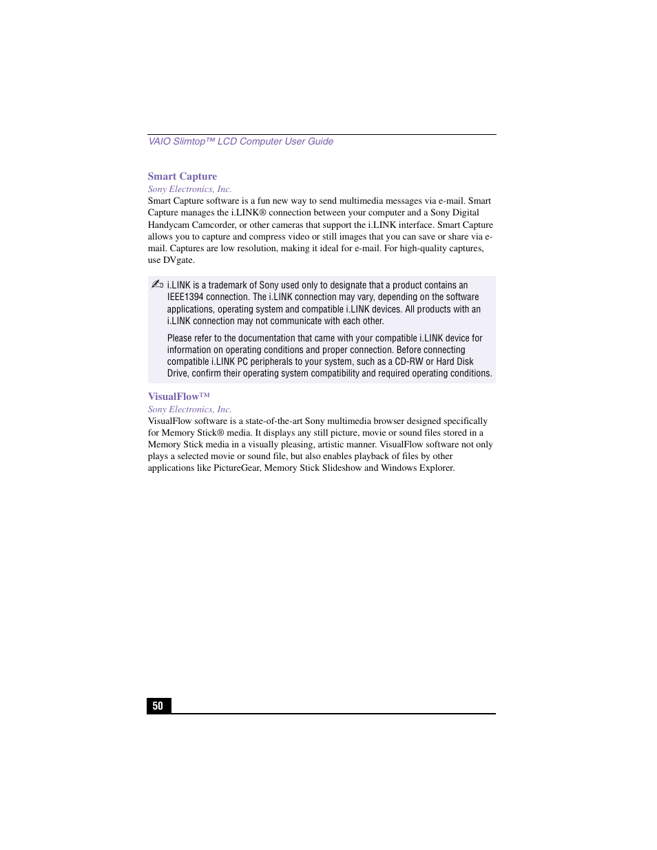 Smart capture, Sony electronics, inc, Visualflow | Sony PCV-LX910 User Manual | Page 50 / 124