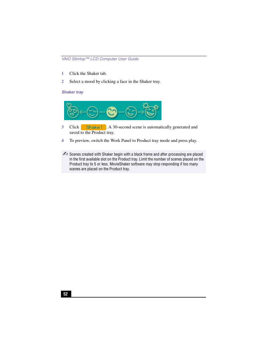 1 click the shaker tab, Shaker tray | Sony PCV-LX910 User Manual | Page 52 / 124