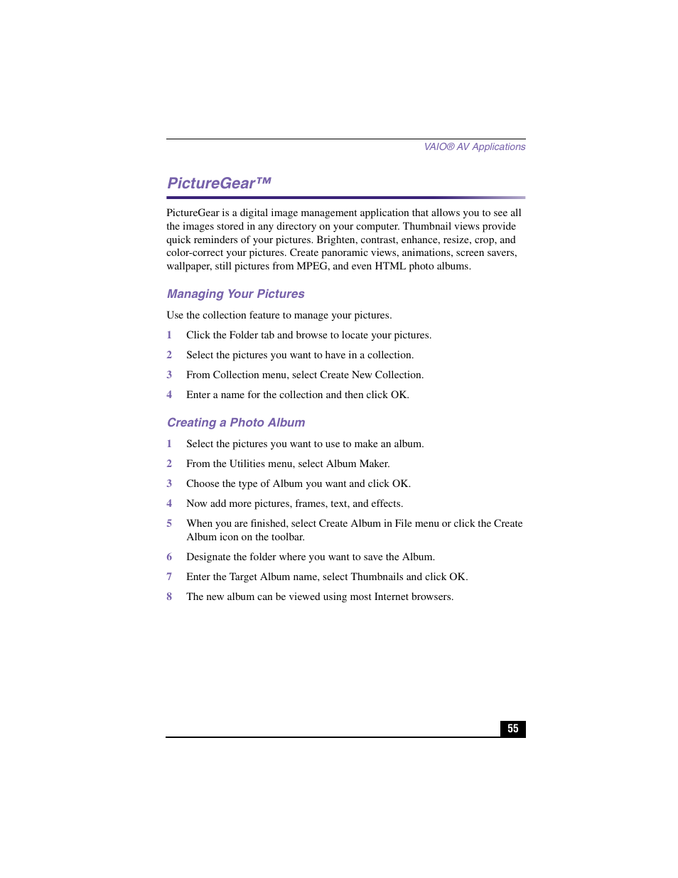 Picturegear, Managing your pictures, Creating a photo album | 2 from the utilities menu, select album maker, 3 choose the type of album you want and click ok, 4 now add more pictures, frames, text, and effects | Sony PCV-LX910 User Manual | Page 55 / 124