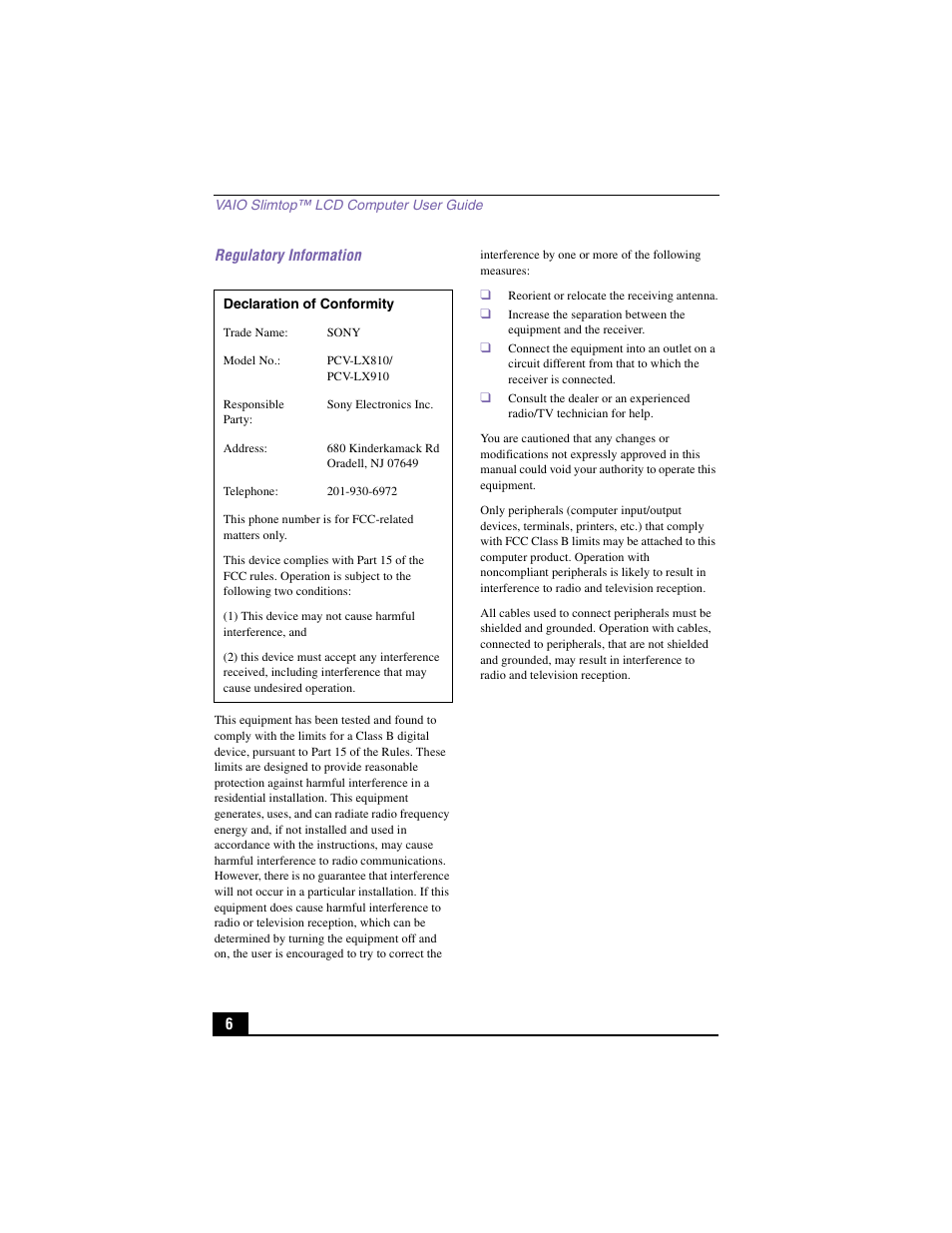 Regulatory information | Sony PCV-LX910 User Manual | Page 6 / 124