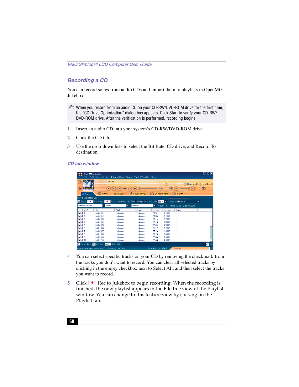 Recording a cd, 2 click the cd tab, Cd tab window | Sony PCV-LX910 User Manual | Page 60 / 124