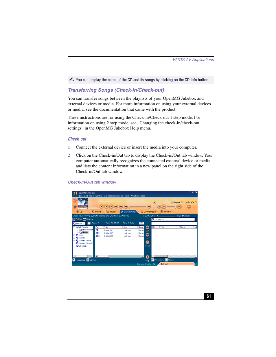 Transferring songs (check-in/check-out), Check-out, Check-in/out tab window | Sony PCV-LX910 User Manual | Page 61 / 124