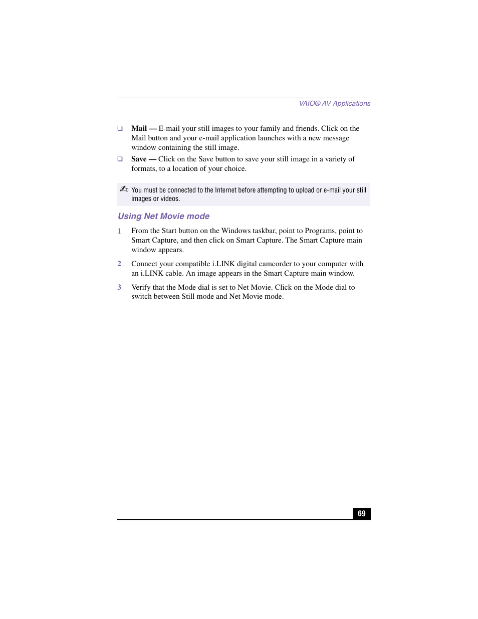 Mail, Save, Using net movie mode | Sony PCV-LX910 User Manual | Page 69 / 124