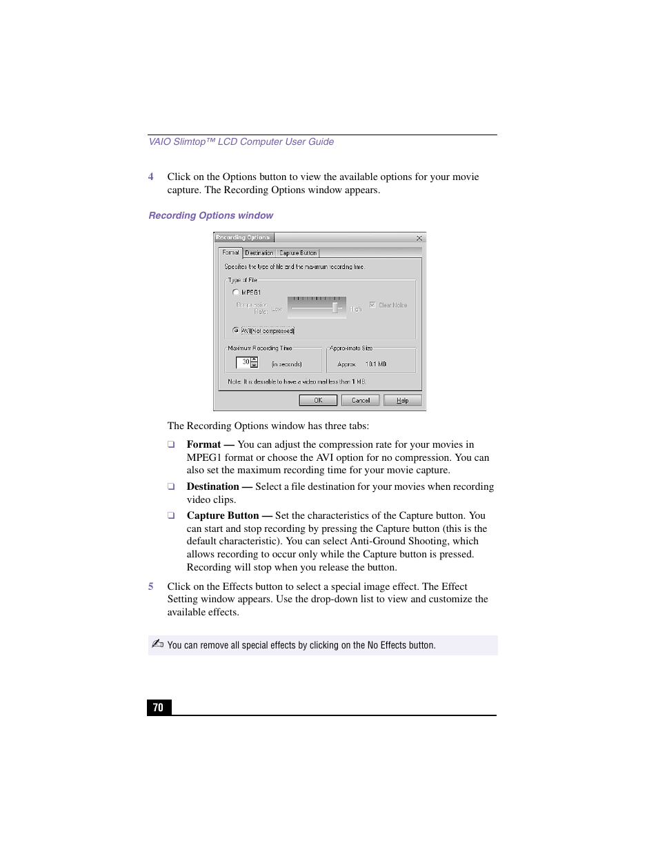 Recording options window, Format, Destination | Capture button | Sony PCV-LX910 User Manual | Page 70 / 124