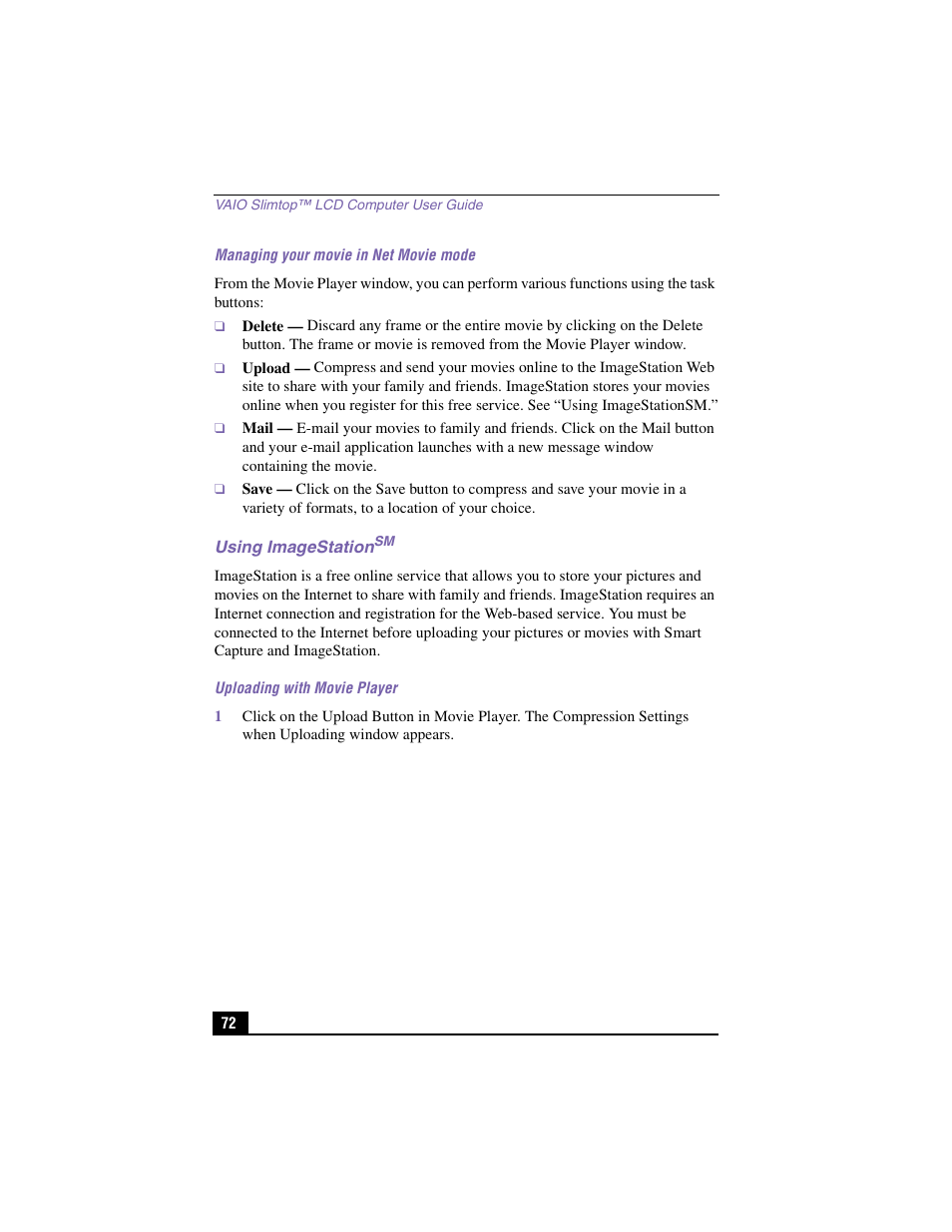 Managing your movie in net movie mode, Delete, Upload | Mail, Save, Using imagestationsm, Uploading with movie player | Sony PCV-LX910 User Manual | Page 72 / 124