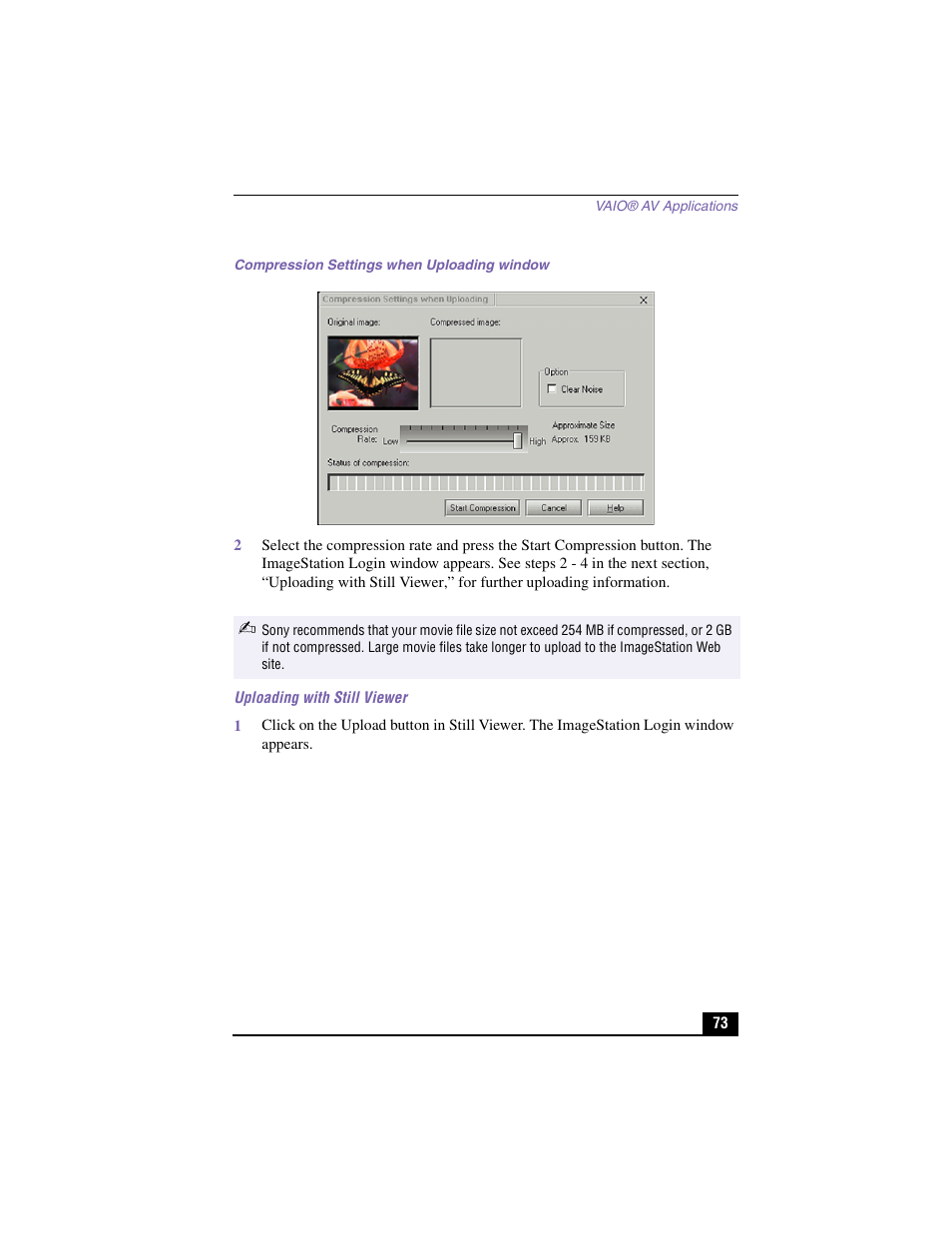 Compression settings when uploading window, Uploading with still viewer | Sony PCV-LX910 User Manual | Page 73 / 124