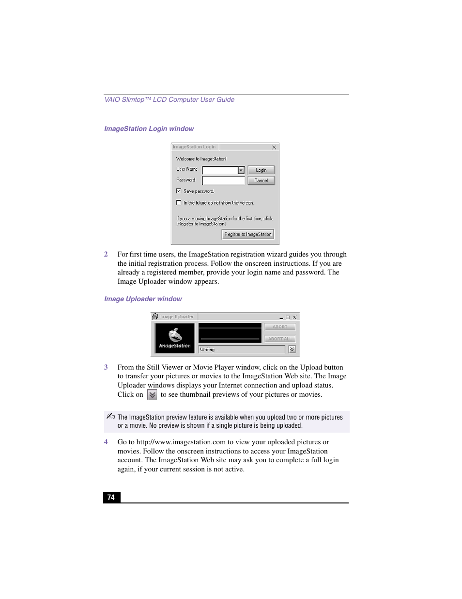 Imagestation login window, Image uploader window | Sony PCV-LX910 User Manual | Page 74 / 124