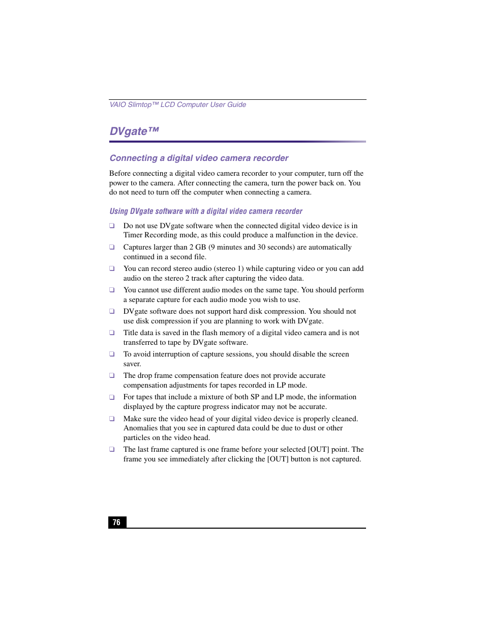 Dvgate, Connecting a digital video camera recorder | Sony PCV-LX910 User Manual | Page 76 / 124