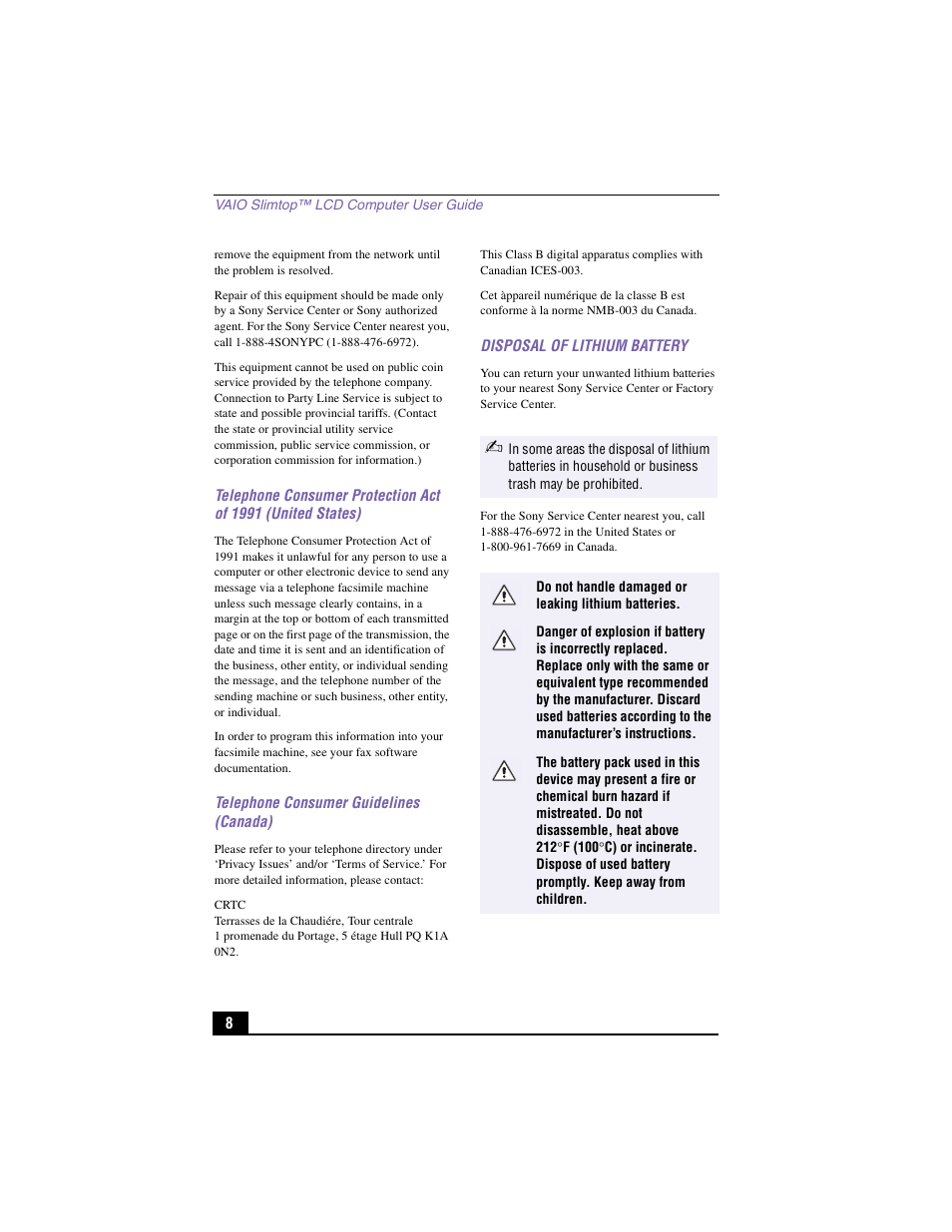 Telephone consumer guidelines (canada), Disposal of lithium battery | Sony PCV-LX910 User Manual | Page 8 / 124