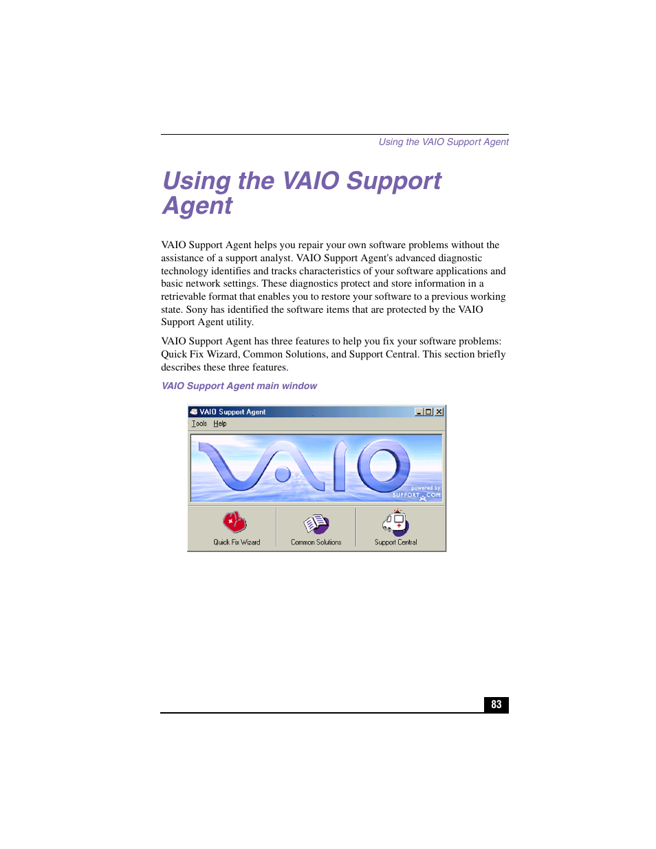 Using the vaio support agent, Vaio support agent main window | Sony PCV-LX910 User Manual | Page 83 / 124