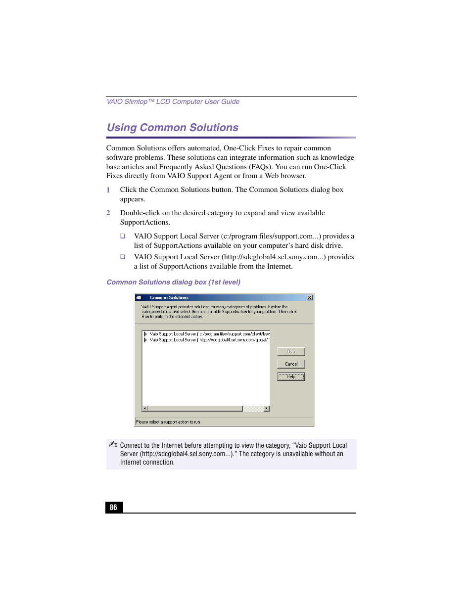 Using common solutions, Common solutions dialog box (1st level) | Sony PCV-LX910 User Manual | Page 86 / 124