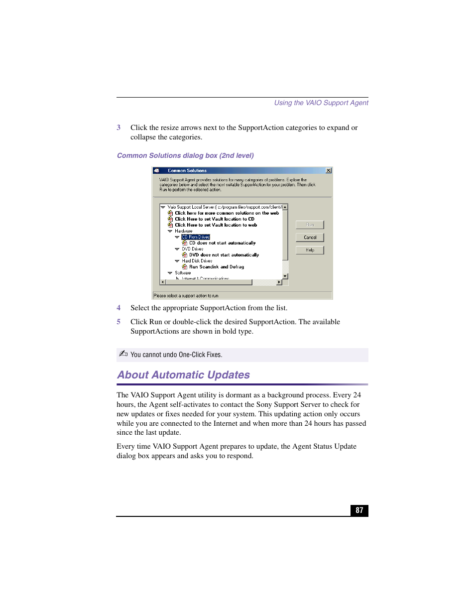 Common solutions dialog box (2nd level), About automatic updates | Sony PCV-LX910 User Manual | Page 87 / 124