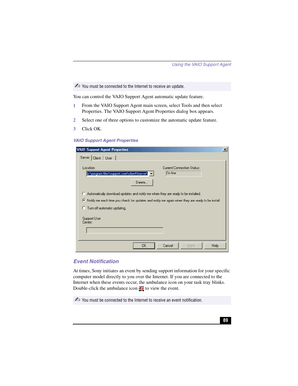 3 click ok, Vaio support agent properties, Event notification | Sony PCV-LX910 User Manual | Page 89 / 124