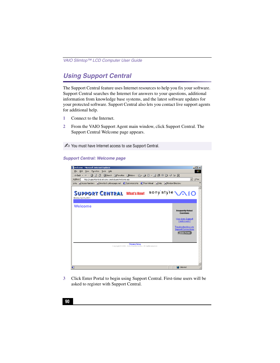 Using support central, 1 connect to the internet | Sony PCV-LX910 User Manual | Page 90 / 124