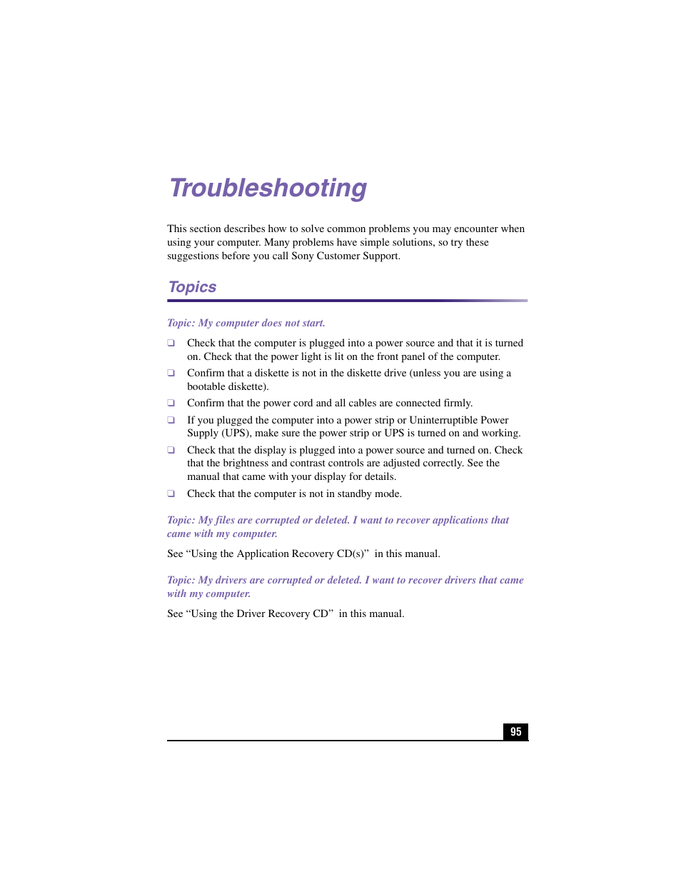 Troubleshooting, Topics, Topic: my computer does not start | Sony PCV-LX910 User Manual | Page 95 / 124