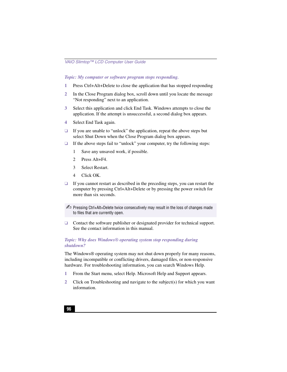 4 select end task again, 1 save any unsaved work, if possible, 2 press alt+f4 | 3 select restart, 4 click ok | Sony PCV-LX910 User Manual | Page 96 / 124