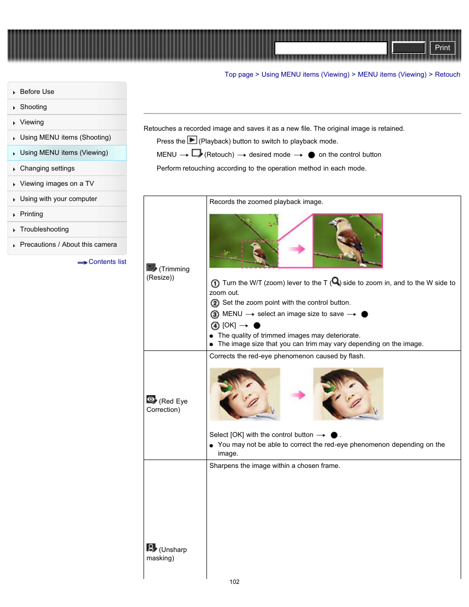 Retouch, Cyber-shot user guide | Sony DSC-H90 User Manual | Page 102 / 185