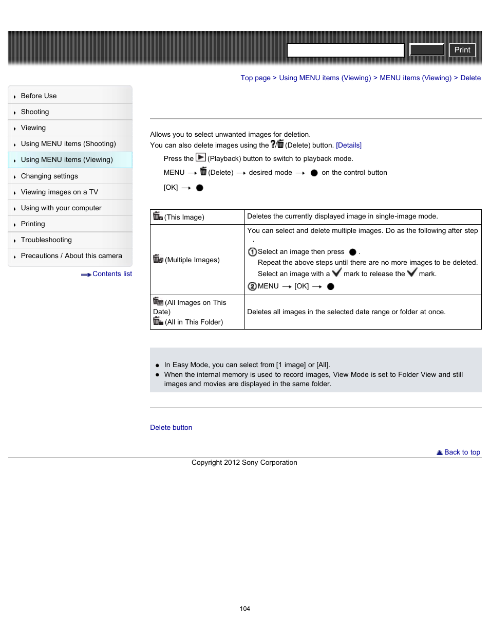 Delete, Details, Cyber-shot user guide | Sony DSC-H90 User Manual | Page 104 / 185