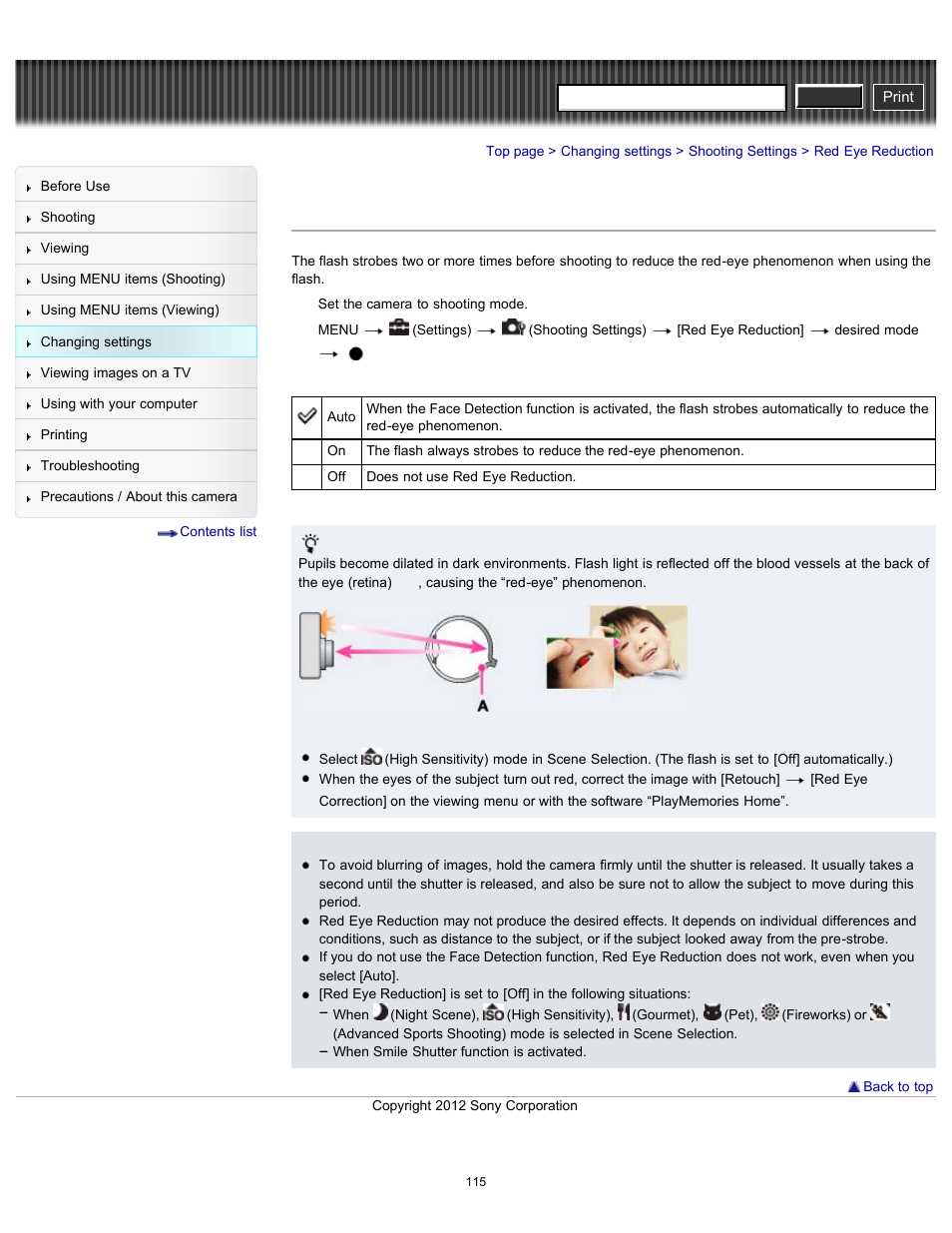 Red eye reduction, Cyber-shot user guide | Sony DSC-H90 User Manual | Page 115 / 185