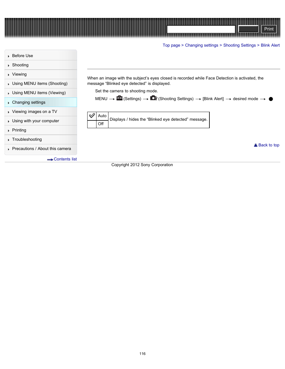 Blink alert, Cyber-shot user guide | Sony DSC-H90 User Manual | Page 116 / 185